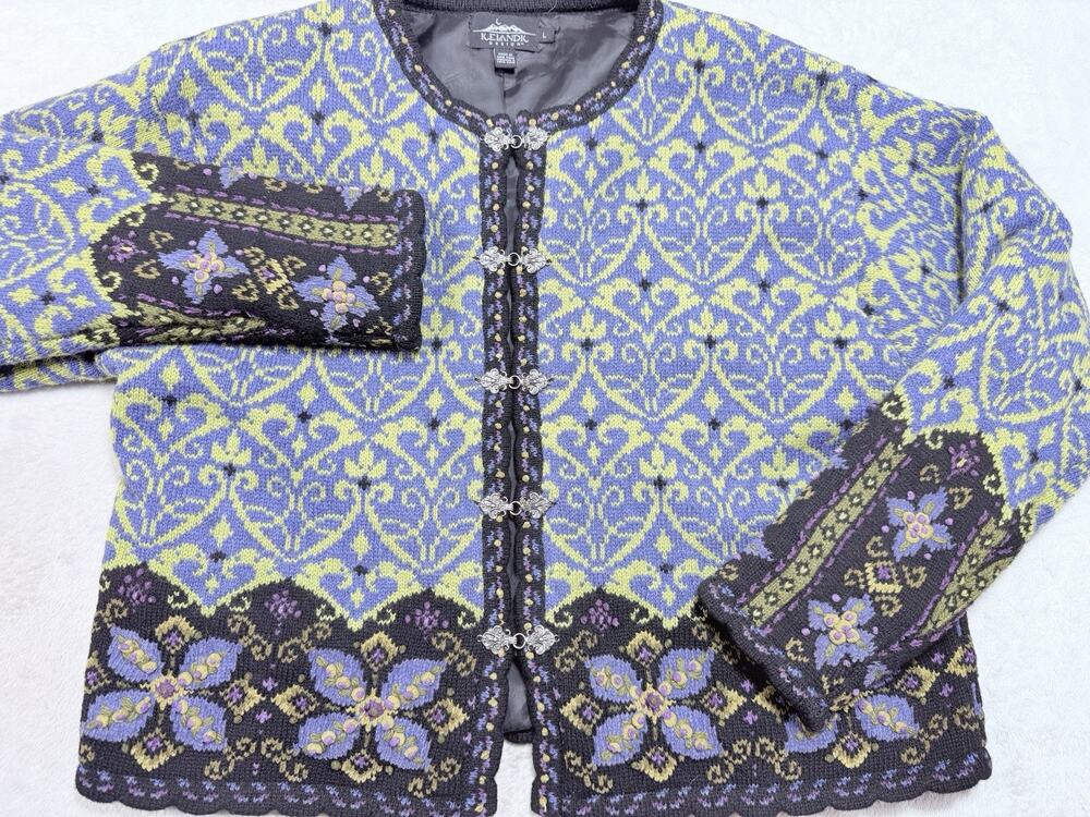 Vtg Icelandic Design Wool Nordic Clasp Cardigan Grandmacore Purple Floral Sz Lg